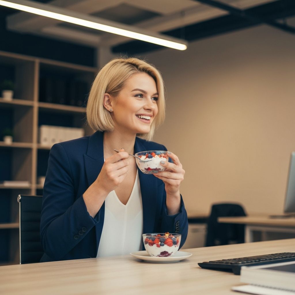 Kiireinen ammattilainen nauttii terveellistä välipalaa toimistossa