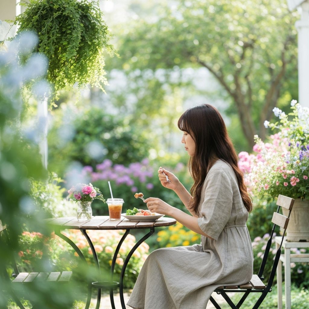 Henkilö nauttii läsnä olevasti omaa ateriaa rauhallisessa ympäristössä
