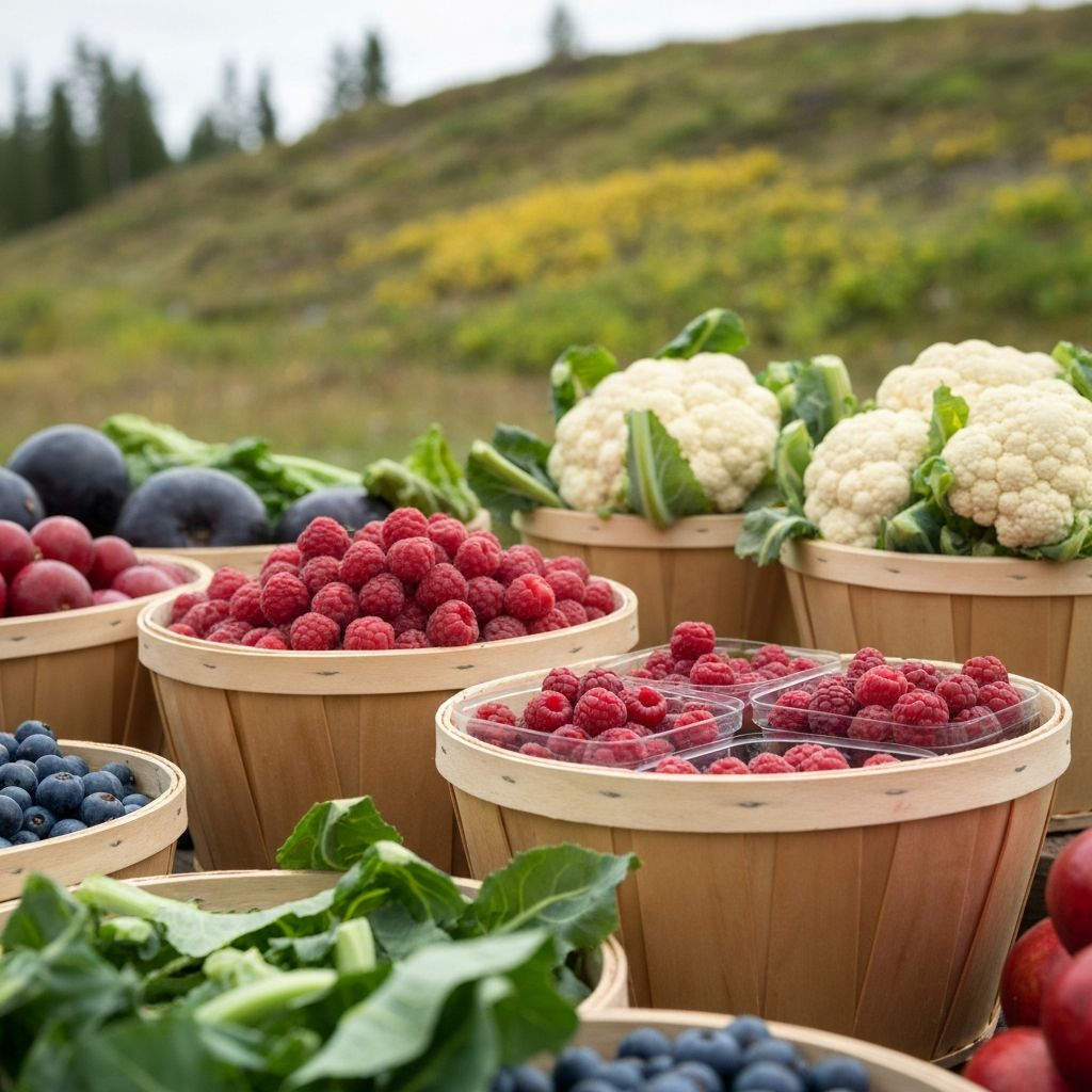 Marjat ja kukkakaalin kaltaisia kotimaisia kasviksia lähellä
